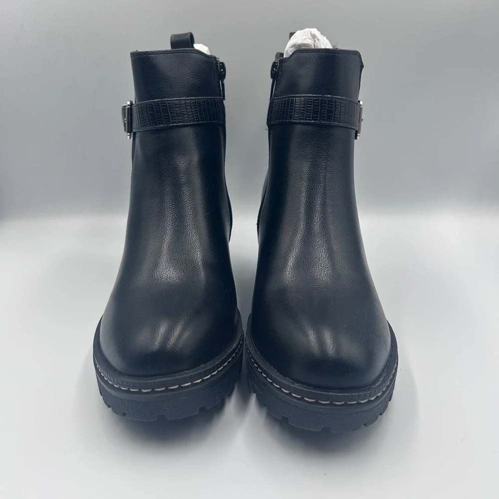 MIA 1976 Womens Black Lug Sole Ankle Boots Buckle Strap Side Zip Size 8 NEW